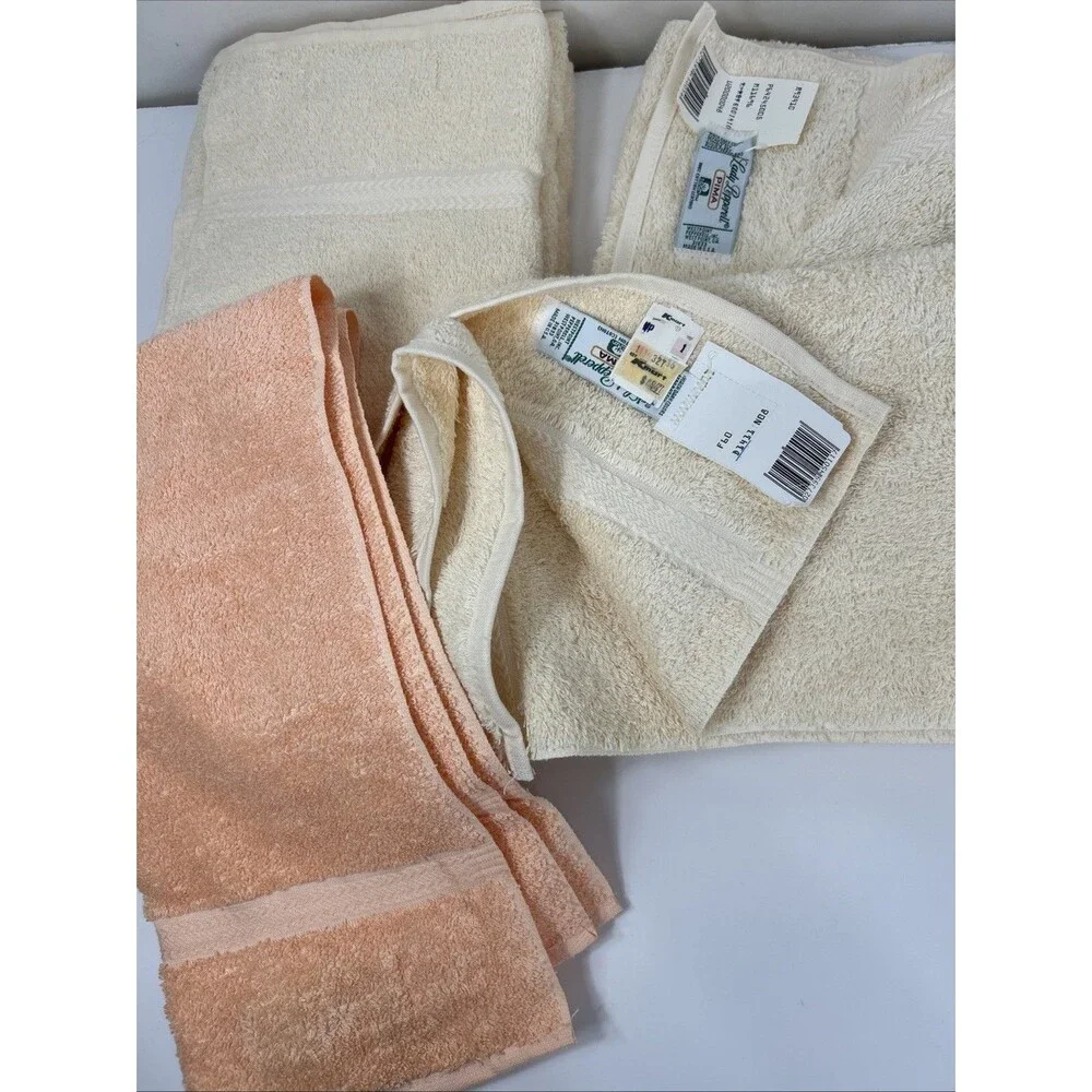 80’s Lady Pepperell Pima Cotton Bath Hand Towel Set Of 6 Peach Yellow Vtg NOS